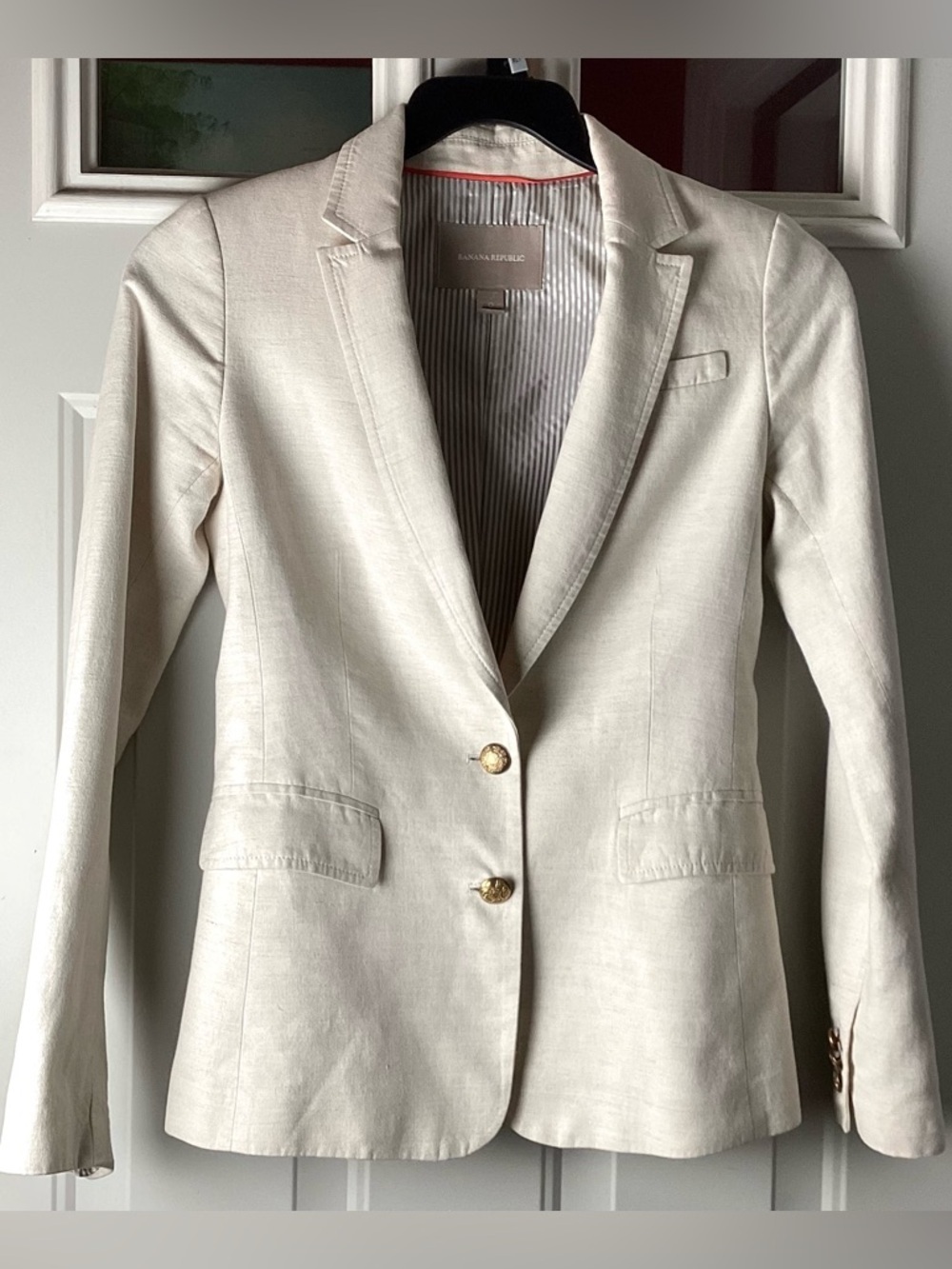 Banana Republic Women's Cream Single-Breasted Blazer with Gold Buttons linen
